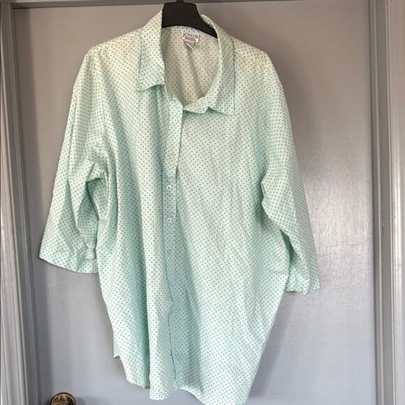 Women's  Blue Green Polka Dots Button Down Top 3/4 Sleeves sz 3X - Picture 1 of 5